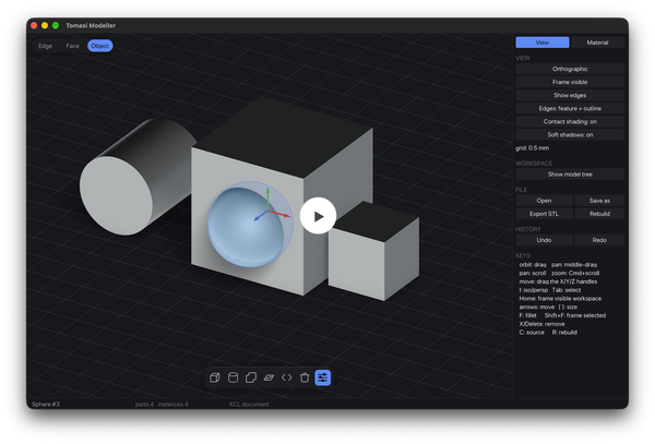 Tomasi Modeller native CAD application interface with a 3D viewport and modeling controls