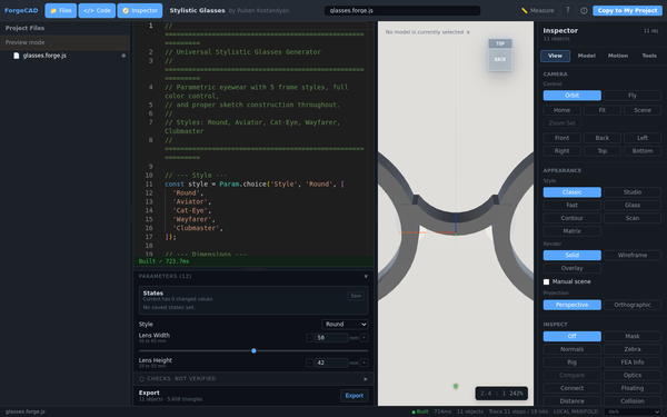 ForgeCAD browser CAD workbench showing source code, parameters, 3D viewport and inspection tools