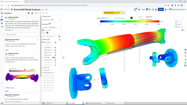 Onshape's built-in Simulation tools include static FEA, modal and thickness analysis, accelerating the time to validation. No additional integrations needed. Comments in Onshape accelerate the communication cycles between users.