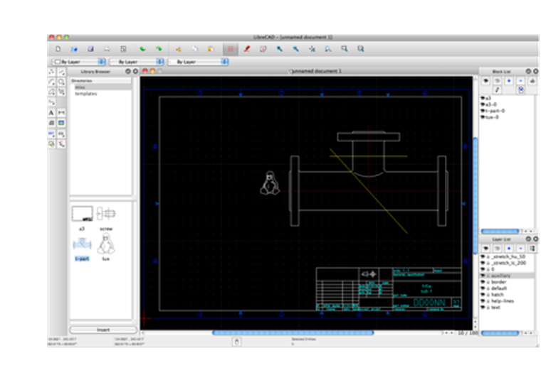 LibreCAD open source 2D CAD application showing a technical drawing with dimensions