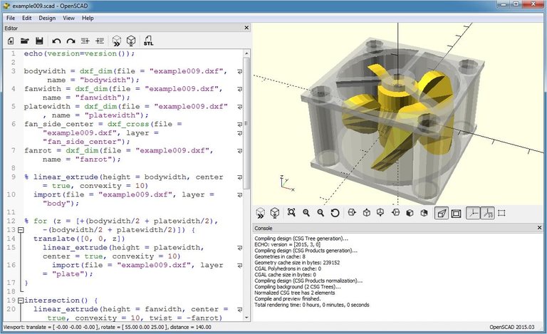OpenSCAD interface showing script code on the left and the resulting 3D model on the right