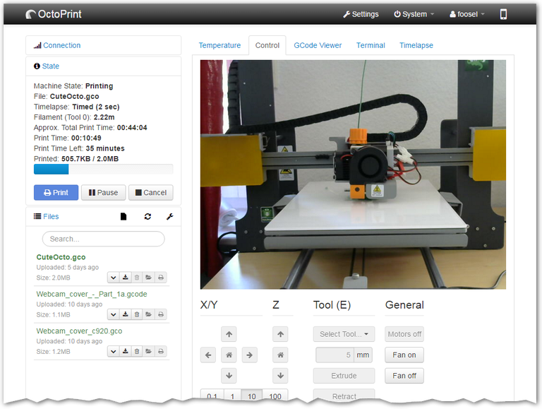 OctoPrint web interface for remote 3D printer monitoring and control