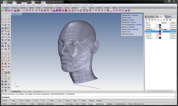Rhino 3D 9 WIP NURBS modeling software interface with freeform surface design