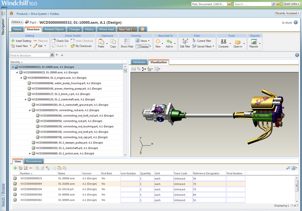 PTC Windchill PLM screenshot illustrating Bill of Materials (BOM) management capabilities within the user interface.