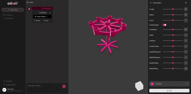 AdamCAD browser-based interface generating a parametric 3D model from a text prompt
