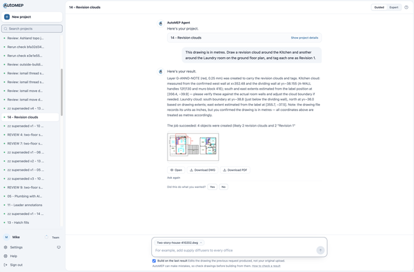 Guided job result with revision clouds