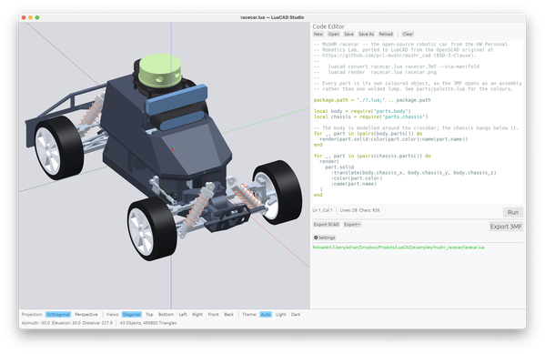 LuaCAD Studio code editor and 3D viewport displaying a parametric racecar model