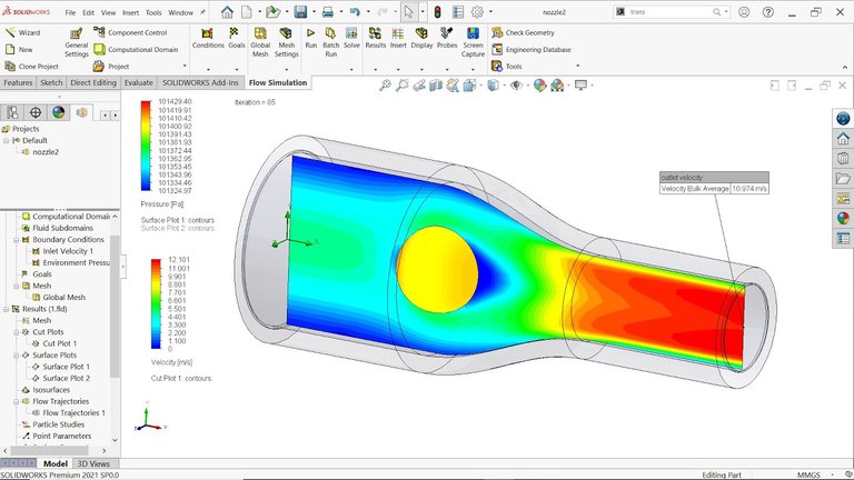 SOLIDWORKS Flow Simulation cut-plot and trajectory visualization