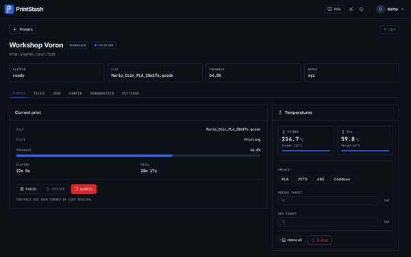 Live printer status and control via Moonraker/Klipper