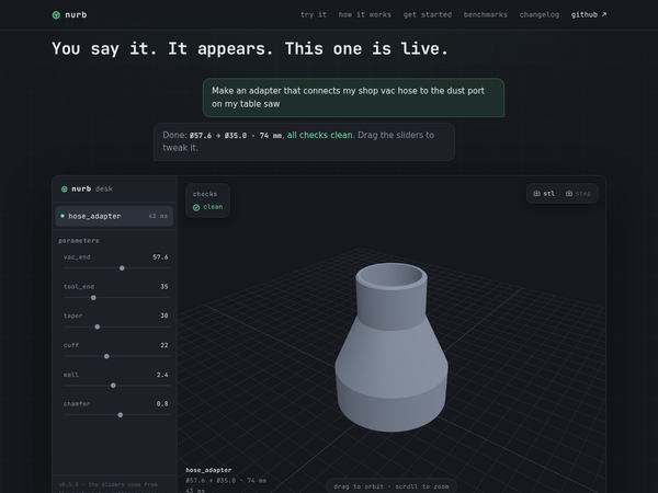 Nurb agentic CAD workspace demo showing a 3D-printable hose adapter