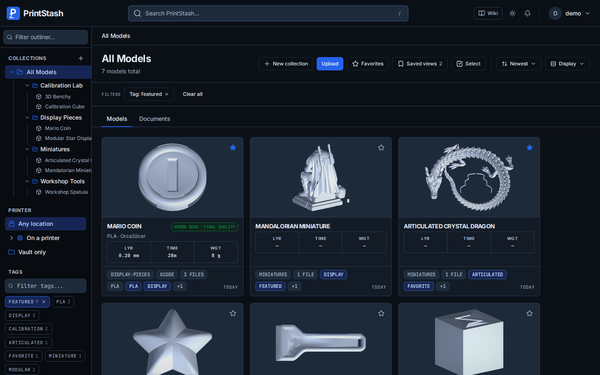 PrintStash model library with collections, tags, and printer status