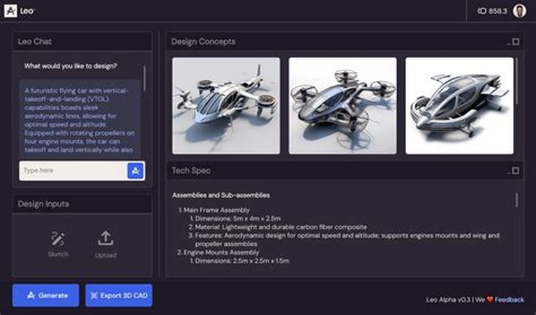 Leo AI engineering copilot generating a multi-part CAD assembly from a written specification